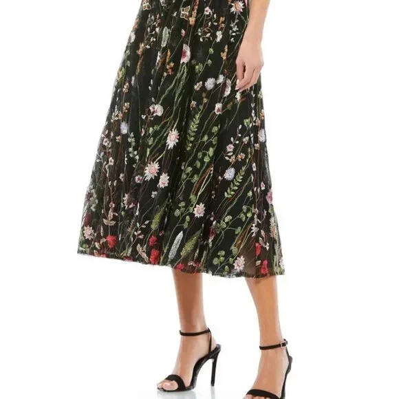 Mac Duggal Black Multi Floral Embroidered Mesh Midi Cocktail Dress - Picture 2 of 5